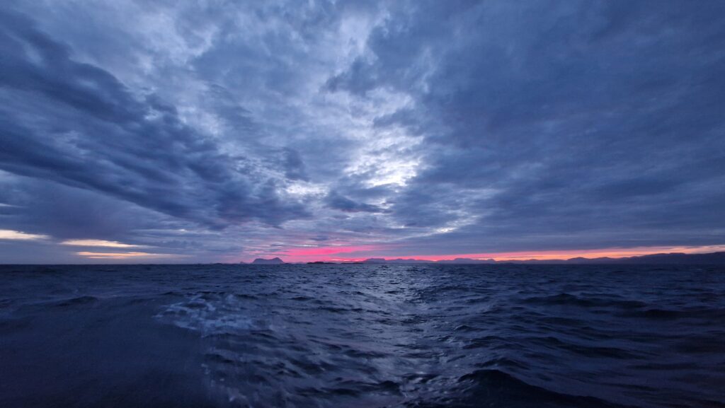 Offshore at night. The landmark "Hesten" in the back.